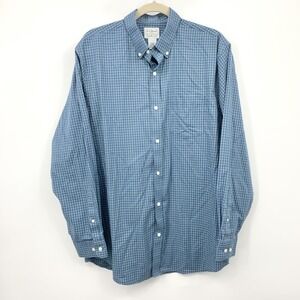 LL Bean Men Medium Shirt Button Down Top Blue White Checkered Cotton Long Sleeve
